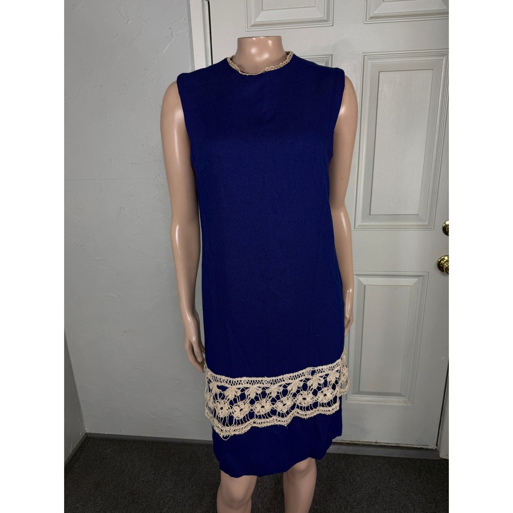 Vintage 60s Women's Dress 13 Cotton Lace party Shift Sleeveless Open Back H3-24